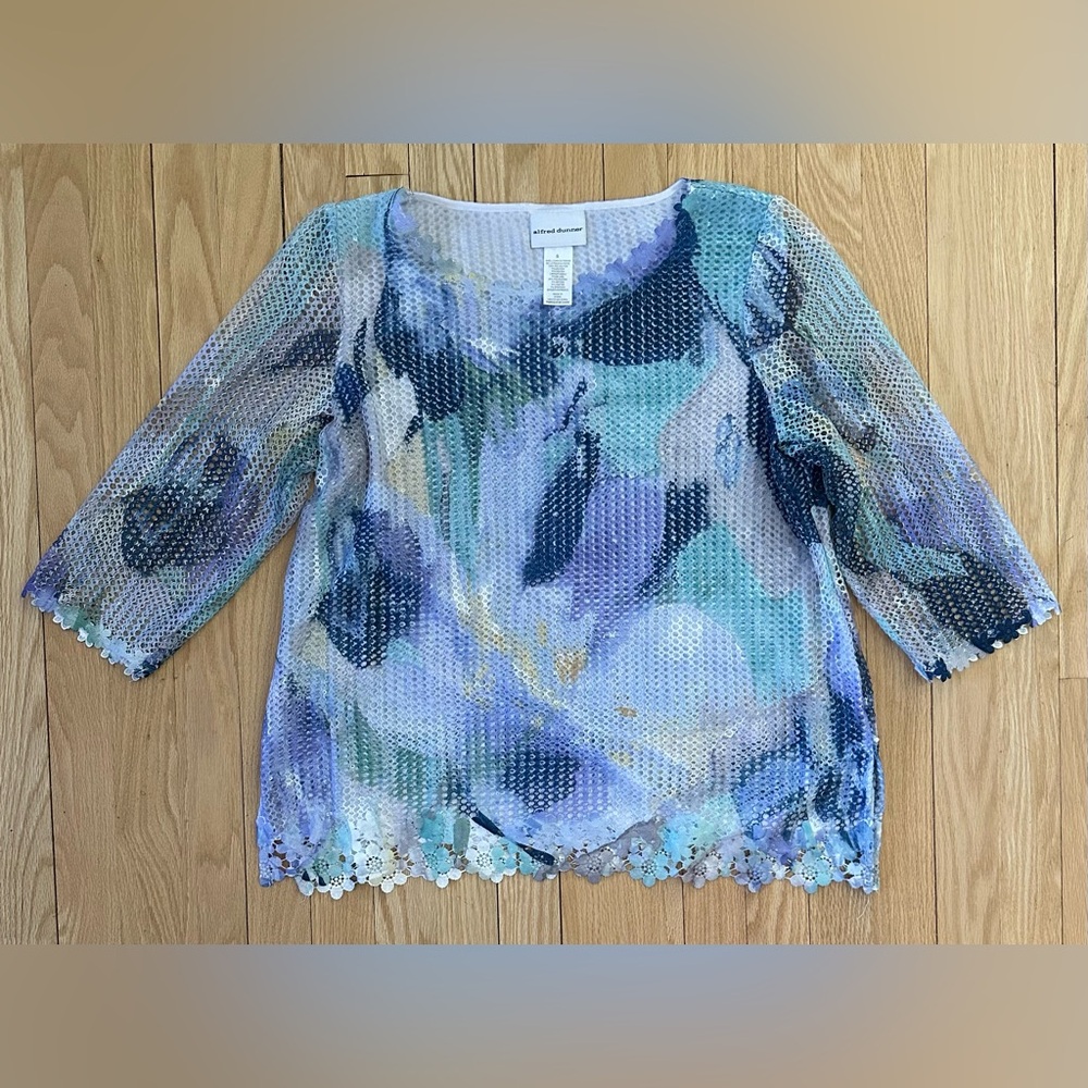 Alfred Dunner Women's Isn't It Romantic Floral Mesh 3/4 Sleeve Top, Size Small